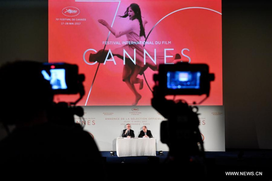 General Delegate of Cannes Film Festival Thierry Fremaux (L) and President of Cannes Film Festival Pierre Lescure attend the news conference in Paris, France on April 13, 2017. The Committee of Cannes Film Festival held a news conference on Thursday to announce this year's official selection. (Xinhua/Chen Yichen) General Delegate of Cannes Film Festival Thierry Fremaux (L) and President of Cannes Film Festival Pierre Lescure attend the news conference in Paris, France on April 13, 2017. The Committee of Cannes Film Festival held a news conference on Thursday to announce this year's official selection. (Xinhua/Chen Yichen)