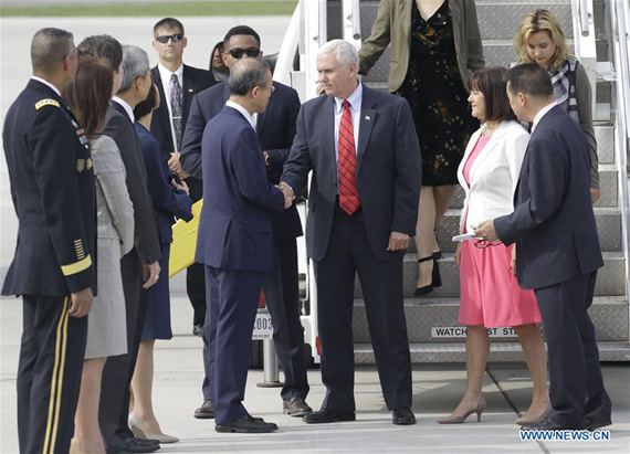 U.S. Vice President Mike Pence (3rd R, front) arrives in Osan Air Base, South Korea on April 16, 2017. (Xinhua/Lee Sang-ho) U.S. Vice President Mike Pence (3rd R, front) arrives in Osan Air Base, South Korea on April 16, 2017. (Xinhua/Lee Sang-ho)