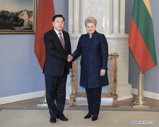 Zhang Dejiang (L), chairman of the Standing Committee of China's National People's Congress, meets with Lithuanian President Dalia Grybauskaite in Vilnius, capital of Lithuania, April 14, 2017. Zhang paid an official goodwill visit to Lithuania on April 14-16. (Xinhua/Li Tao) Zhang Dejiang (L), chairman of the Standing Committee of China's National People's Congress, meets with Lithuanian President Dalia Grybauskaite in Vilnius, capital of Lithuania, April 14, 2017. Zhang paid an official goodwill visit to Lithuania on April 14-16. (Xinhua/Li Tao)
