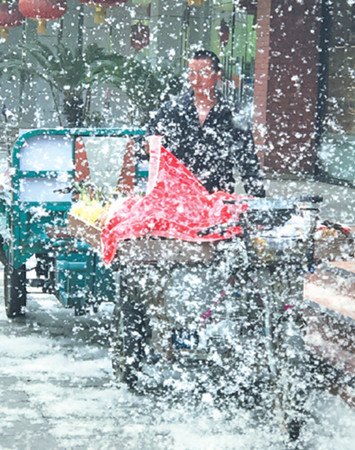 Willow catkins shroud parked vehicles and a fruit vendor on Huixin Dongjie in Beijing's Chaoyang district on Monday. (Photo by Xu Jingxing/China Daily) Willow catkins shroud parked vehicles and a fruit vendor on Huixin Dongjie in Beijing's Chaoyang district on Monday. (Photo by Xu Jingxing/China Daily)