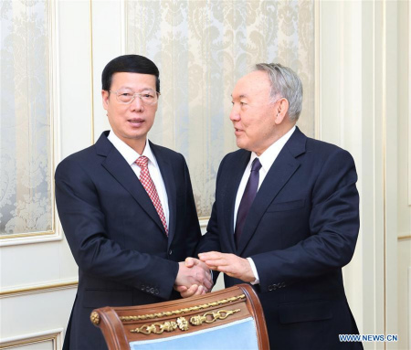 Chinese Vice Premier Zhang Gaoli meets with Kazakh President Nursultan Nazarbayev in Astana, Kazakhstan, April 18, 2017. (Xinhua/Wang Ye) Chinese Vice Premier Zhang Gaoli meets with Kazakh President Nursultan Nazarbayev in Astana, Kazakhstan, April 18, 2017. (Xinhua/Wang Ye)
