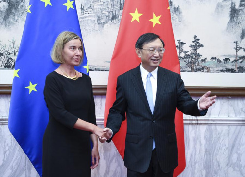 Chinese State Councilor Yang Jiechi co-chairs the seventh China-EU high-level strategic dialogue with EU high representative for foreign affairs and vice president of the European Commission Federica Mogherini in Beijing, China, April 19, 2017. (Xinhua/Zhang Ling) Chinese State Councilor Yang Jiechi co-chairs the seventh China-EU high-level strategic dialogue with EU high representative for foreign affairs and vice president of the European Commission Federica Mogherini in Beijing, China, April 19, 2017. (Xinhua/Zhang Ling)