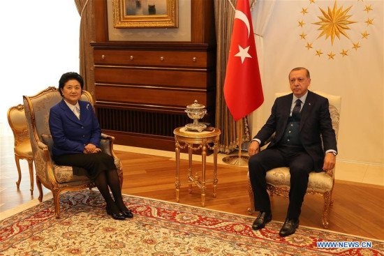Turkish President Recep Tayyip Erdogan (R) meets with visiting Chinese Vice Premier Liu Yandong in Ankara, Turkey, on April 18, 2017. (Xinhua/Qing Yanyang) Turkish President Recep Tayyip Erdogan (R) meets with visiting Chinese Vice Premier Liu Yandong in Ankara, Turkey, on April 18, 2017. (Xinhua/Qing Yanyang)