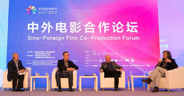 Filmmakers discuss trends at the Sino-Foreign Film Coproduction Forum during the ongoing 7th Beijing International Film Festival. (Photo by Jiang Dong/China Daily) Filmmakers discuss trends at the Sino-Foreign Film Coproduction Forum during the ongoing 7th Beijing International Film Festival. (Photo by Jiang Dong/China Daily)