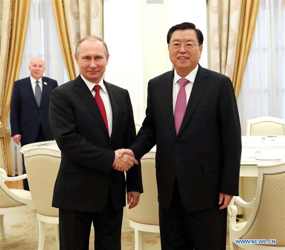 Zhang Dejiang, chairman of the Standing Committee of China's National People's Congress (NPC), meets with Russian President Vladimir Putin, in Moscow, capital of Russia, April 19, 2017. (Xinhua/Liu Weibing) Zhang Dejiang, chairman of the Standing Committee of China's National People's Congress (NPC), meets with Russian President Vladimir Putin, in Moscow, capital of Russia, April 19, 2017. (Xinhua/Liu Weibing)
