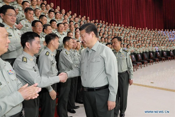 Chinese President Xi Jinping, who is also general secretary of the Communist Party of China (CPC) Central Committee and chairman of the Central Military Commission (CMC), meets with military officers during an inspection of the Southern Theater Command of the People's Liberation Army (PLA), April 21, 2017. (Xinhua/Li Gang) Chinese President Xi Jinping, who is also general secretary of the Communist Party of China (CPC) Central Committee and chairman of the Central Military Commission (CMC), meets with military officers during an inspection of the Southern Theater Command of the People's Liberation Army (PLA), April 21, 2017. (Xinhua/Li Gang)