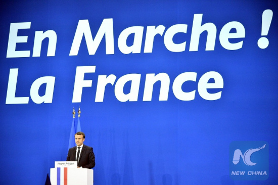 Emmanuel Macron, French presidential candidate for the On the Move (En Marche) movement, delivers a speech at a rally after the first round of French presidential election in Paris, France on April 23, 2017. (Xinhua/Jose Rodriguez) Emmanuel Macron, French presidential candidate for the On the Move (En Marche) movement, delivers a speech at a rally after the first round of French presidential election in Paris, France on April 23, 2017. (Xinhua/Jose Rodriguez)