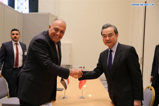 Chinese Foreign Minister Wang Yi (R, front) shakes hands with his Egyptian counterpart Sameh Shoukry (L, front) during their meeting on the sidelines of the Ancient Civilization Forum in Athens, Greece, on April 24, 2017. (Xinhua/Lefteris Partsalis) Chinese Foreign Minister Wang Yi (R, front) shakes hands with his Egyptian counterpart Sameh Shoukry (L, front) during their meeting on the sidelines of the Ancient Civilization Forum in Athens, Greece, on April 24, 2017. (Xinhua/Lefteris Partsalis)