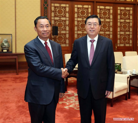 Zhang Dejiang (R), chairman of the Standing Committee of China's National People's Congress (NPC), meets with Chairman of the Legal Affairs and Special Cases Assessment Commission of Myanmar's Parliament U Shwe Mann in Beijing, capital of China, April 26, 2017. (Xinhua/Liu Weibing) Zhang Dejiang (R), chairman of the Standing Committee of China's National People's Congress (NPC), meets with Chairman of the Legal Affairs and Special Cases Assessment Commission of Myanmar's Parliament U Shwe Mann in Beijing, capital of China, April 26, 2017. (Xinhua/Liu Weibing)