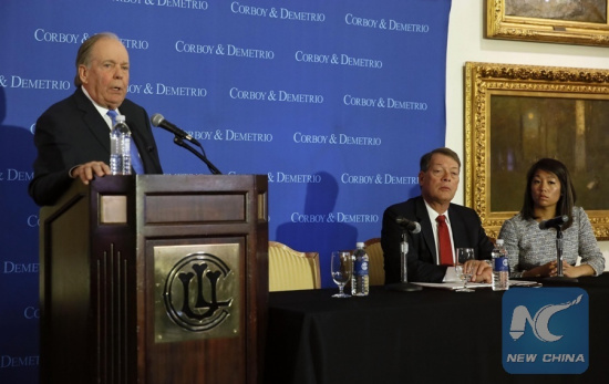 Lawyer Thomas Demetrio(L), who is representing David Dao, the passenger who was violently dragged off an overbooked United Airlines flight, speaks as lawyer Stephen Golan (C) and Dao's daughter Crystal Dao Pepper look on during a press conference in Chicago, Illinois, the United States, on April 13, 2017. (Xinhua/Wang Ping) Lawyer Thomas Demetrio(L), who is representing David Dao, the passenger who was violently dragged off an overbooked United Airlines flight, speaks as lawyer Stephen Golan (C) and Dao's daughter Crystal Dao Pepper look on during a press conference in Chicago, Illinois, the United States, on April 13, 2017. (Xinhua/Wang Ping)