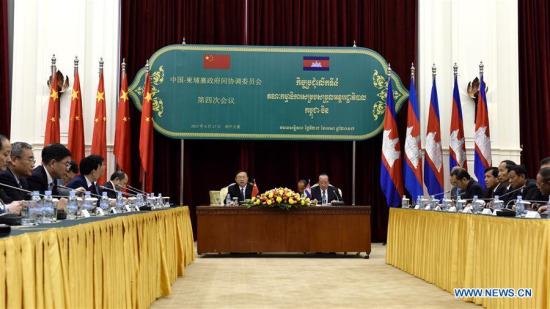 Chinese State Councilor Yang Jiechi (Front L) and Cambodian Deputy Prime Minister Hor Namhong (Front R) attend the fourth meeting of the China-Cambodia Inter-Governmental Coordination Committee in Phnom Penh, Cambodia, on April 27, 2017. (Xinhua/Xue Lei) Chinese State Councilor Yang Jiechi (Front L) and Cambodian Deputy Prime Minister Hor Namhong (Front R) attend the fourth meeting of the China-Cambodia Inter-Governmental Coordination Committee in Phnom Penh, Cambodia, on April 27, 2017. (Xinhua/Xue Lei)
