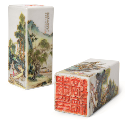 A fine and rare pair of famille rose 'landscape' seals A fine and rare pair of famille rose 'landscape' seals