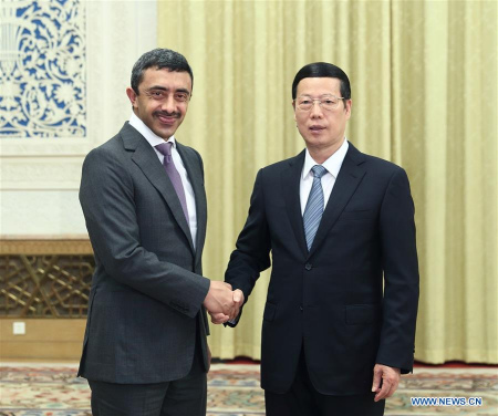 Chinese Vice Premier Zhang Gaoli met with United Arab Emirates (UAE)'s Minister of Foreign Affairs and International Cooperation Sheikh Abdullah Bin Zayed Al Nahyan here on Tuesday, vowing to promote bilateral friendly cooperation under the framework of Belt and Road construction. Chinese Vice Premier Zhang Gaoli met with United Arab Emirates (UAE)'s Minister of Foreign Affairs and International Cooperation Sheikh Abdullah Bin Zayed Al Nahyan here on Tuesday, vowing to promote bilateral friendly cooperation under the framework of Belt and Road construction.