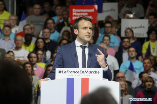 File photo taken on Feb. 4, 2017 shows French presidential candidate Emmanuel Macron addressing a campaign rally in Lyon,France. (Xinhua/Han Bing) File photo taken on Feb. 4, 2017 shows French presidential candidate Emmanuel Macron addressing a campaign rally in Lyon,France. (Xinhua/Han Bing)