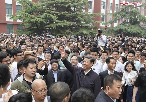 Chinese President Xi Jinping waves to teachers and students while inspecting China University of Political Science and Law in Beijing, capital of China, May 3, 2017. (Xinhua/Ding Lin) Chinese President Xi Jinping waves to teachers and students while inspecting China University of Political Science and Law in Beijing, capital of China, May 3, 2017. (Xinhua/Ding Lin)