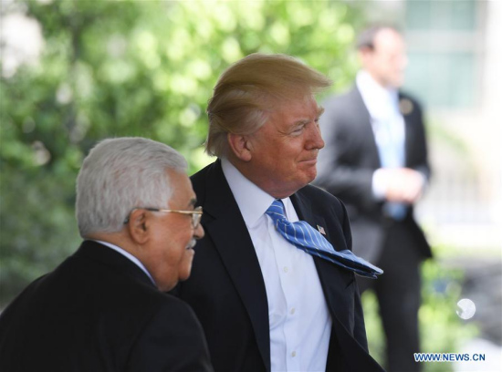 U.S. President Donald Trump (R) welcomes visiting Palestinian President Mahmoud Abbas at the White House in Washington D.C., the United States, May 3, 2017. (Xinhua/Yin Bogu) U.S. President Donald Trump (R) welcomes visiting Palestinian President Mahmoud Abbas at the White House in Washington D.C., the United States, May 3, 2017. (Xinhua/Yin Bogu)