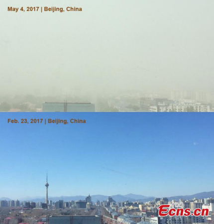 A combination photo shows the weather conditions respectively on Feb 23, 2017, and May 4, 2017 in Beijing. Beijing issued a blue alert for sandstorm on Thursday. Beijing has a four-tier color alert system for pollution, with red being the highest, followed by orange, yellow and blue. The blue alert means the air quality index is forecast to reach between 200 and 300 PM2.5 for one day. (Photo/Ecns.cn) A combination photo shows the weather conditions respectively on Feb 23, 2017, and May 4, 2017 in Beijing. Beijing issued a blue alert for sandstorm on Thursday. Beijing has a four-tier color alert system for pollution, with red being the highest, followed by orange, yellow and blue. The blue alert means the air quality index is forecast to reach between 200 and 300 PM2.5 for one day. (Photo/Ecns.cn)