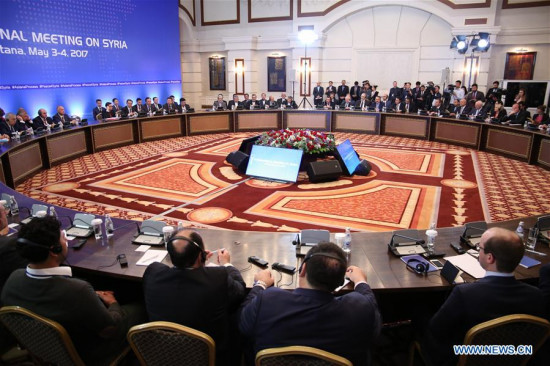 Photo taken on May 4, 2017 shows the meeting of Syria peace talks in Astana, Kazakhstan. Russia, Iran and Turkey signed a memorandum on the creation of four safe zones in war-torn Syria here on Thursday. (Xinhua/Ospanov) Photo taken on May 4, 2017 shows the meeting of Syria peace talks in Astana, Kazakhstan. Russia, Iran and Turkey signed a memorandum on the creation of four safe zones in war-torn Syria here on Thursday. (Xinhua/Ospanov)