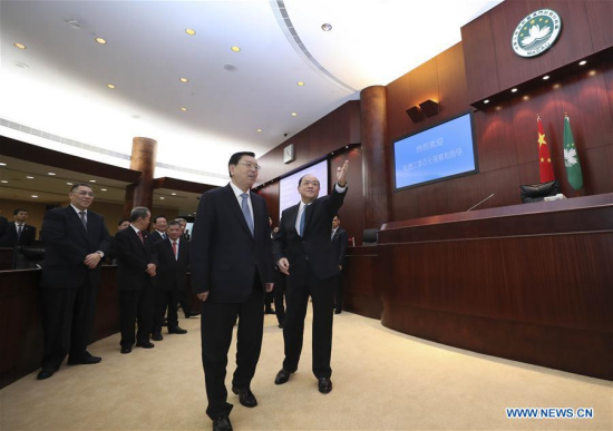 Zhang Dejiang (L, front), chairman of the Standing Committee of China's National People's Congress (NPC), visits the Legislative Assembly in Macao Special Administrative Region, south China, May 9, 2017. (Xinhua/Pang Xinglei)