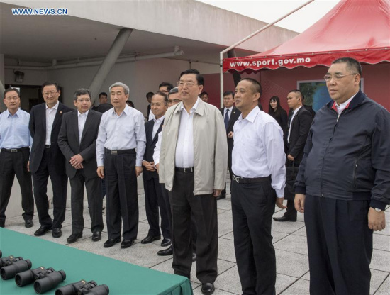 Zhang Dejiang (3rd R, front), chairman of the Standing Committee of China's National People's Congress (NPC), inspects the construction site of the Hong Kong-Zhuhai-Macao Bridge in Macao Special Administrative Region, south China, May 9, 2017. (Xinhua/Li Xueren) Zhang Dejiang (3rd R, front), chairman of the Standing Committee of China's National People's Congress (NPC), inspects the construction site of the Hong Kong-Zhuhai-Macao Bridge in Macao Special Administrative Region, south China, May 9, 2017. (Xinhua/Li Xueren)