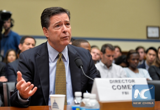 File photo taken on July 7, 2016 shows U.S. FBI Director James Comey testifies before the House Oversight Committee over investigation into Hillary Clinton's email system, on Capitol Hill in Washington D.C., capital of the United States. (Xinhua/Bao Dandan) File photo taken on July 7, 2016 shows U.S. FBI Director James Comey testifies before the House Oversight Committee over investigation into Hillary Clinton's email system, on Capitol Hill in Washington D.C., capital of the United States. (Xinhua/Bao Dandan)