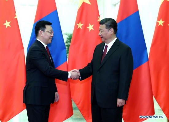 Chinese President Xi Jinping (R) meets with Mongolian Prime Minister Jargaltulga Erdenebat at the Great Hall of the People in Beijing, capital of China, May 12, 2017. Jargaltulga Erdenebat is in Beijing to attend the Belt and Road Forum for International Cooperation. (Xinhua/Liu Weibing) Chinese President Xi Jinping (R) meets with Mongolian Prime Minister Jargaltulga Erdenebat at the Great Hall of the People in Beijing, capital of China, May 12, 2017. Jargaltulga Erdenebat is in Beijing to attend the Belt and Road Forum for International Cooperation. (Xinhua/Liu Weibing)