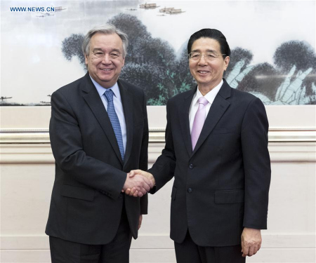Chinese State Councilor and Minister of Public Security Guo Shengkun (R) meets with UN Secretary-General Antonio Guterres, who is here to attend the Belt and Road Forum (BRF) for International Cooperation, in Beijing, capital of China, May 13, 2017. (Xinhua/Ding Haitao) Chinese State Councilor and Minister of Public Security Guo Shengkun (R) meets with UN Secretary-General Antonio Guterres, who is here to attend the Belt and Road Forum (BRF) for International Cooperation, in Beijing, capital of China, May 13, 2017. (Xinhua/Ding Haitao)