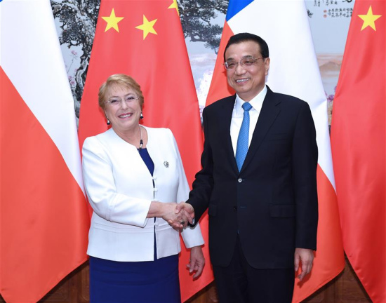 Chinese Premier Li Keqiang (R) meets with Chilean President Michelle Bachelet, who is here for a state visit and the Belt and Road Forum (BRF) for International Cooperation, at the Great Hall of the People in Beijing, capital of China, May 14, 2017. (Xinhua/Rao Aimin) Chinese Premier Li Keqiang (R) meets with Chilean President Michelle Bachelet, who is here for a state visit and the Belt and Road Forum (BRF) for International Cooperation, at the Great Hall of the People in Beijing, capital of China, May 14, 2017. (Xinhua/Rao Aimin)