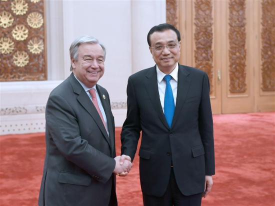 Chinese Premier Li Keqiang (R) meets with UN Secretary-General Antonio Guterres, who is in Beijing for the Belt and Road Forum (BRF) for International Cooperation, in Beijing, capital of China, May 15, 2017. (Xinhua/Zhang Duo) Chinese Premier Li Keqiang (R) meets with UN Secretary-General Antonio Guterres, who is in Beijing for the Belt and Road Forum (BRF) for International Cooperation, in Beijing, capital of China, May 15, 2017. (Xinhua/Zhang Duo)