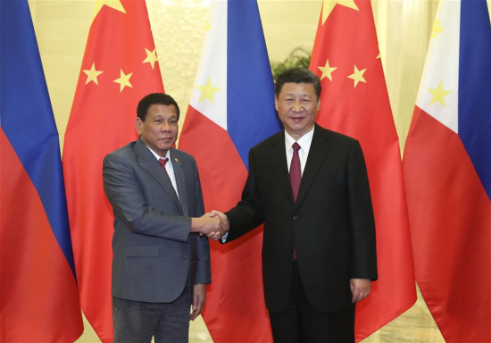 Chinese President Xi Jinping (R) meets with Philippine President Rodrigo Duterte, who is here for the Belt and Road Forum (BRF) for International Cooperation, at the Great Hall of the People in Beijing, capital of China, May 15, 2017. (Xinhua/Pang Xinglei) Chinese President Xi Jinping (R) meets with Philippine President Rodrigo Duterte, who is here for the Belt and Road Forum (BRF) for International Cooperation, at the Great Hall of the People in Beijing, capital of China, May 15, 2017. (Xinhua/Pang Xinglei)