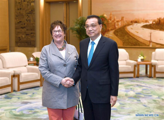 Chinese Premier Li Keqiang (R) meets with representative of German Chancellor Angela Merkel, Minister of Economic Affairs Brigitte Zypries, who is in Beijing for the Belt and Road Forum (BRF) for International Cooperation, in Beijing, capital of China, May 15, 2017. (Xinhua/Zhang Duo) Chinese Premier Li Keqiang (R) meets with representative of German Chancellor Angela Merkel, Minister of Economic Affairs Brigitte Zypries, who is in Beijing for the Belt and Road Forum (BRF) for International Cooperation, in Beijing, capital of China, May 15, 2017. (Xinhua/Zhang Duo)