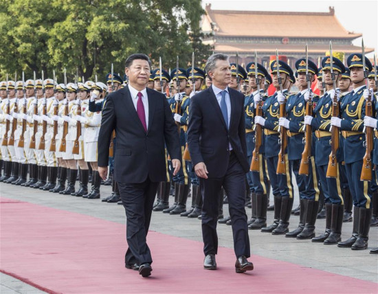 Chinese President Xi Jinping holds a welcome ceremony for his Argentine counterpart Mauricio Macri before their talks in Beijing, capital of China, May 17, 2017. (Xinhua/Li Tao) Chinese President Xi Jinping holds a welcome ceremony for his Argentine counterpart Mauricio Macri before their talks in Beijing, capital of China, May 17, 2017. (Xinhua/Li Tao)