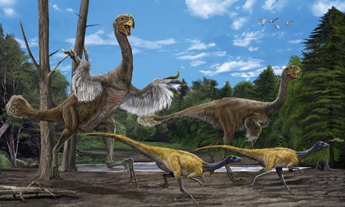 A painting of two Gigantoraptors (back) (Photo/Courtesy of the Erenhot Municipal Publicity Department) A painting of two Gigantoraptors (back) (Photo/Courtesy of the Erenhot Municipal Publicity Department)