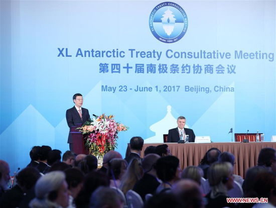 Chinese Vice Premier Zhang Gaoli (L) addresses the opening ceremony of the 40th Antarctic Treaty Consultative Meeting (ATCM) in Beijing, capital of China, May 23, 2017. (Xinhua/Wang Ye) Chinese Vice Premier Zhang Gaoli (L) addresses the opening ceremony of the 40th Antarctic Treaty Consultative Meeting (ATCM) in Beijing, capital of China, May 23, 2017. (Xinhua/Wang Ye)