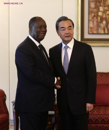 Cote d'Ivoire President Alassane Ouattara (L) shakes hands with Chinese Foreign Minister Wang Yi in Abidjan, Cote d'Ivoire, May 22, 2017. (Xinhua/Ivan) Cote d'Ivoire President Alassane Ouattara (L) shakes hands with Chinese Foreign Minister Wang Yi in Abidjan, Cote d'Ivoire, May 22, 2017. (Xinhua/Ivan)