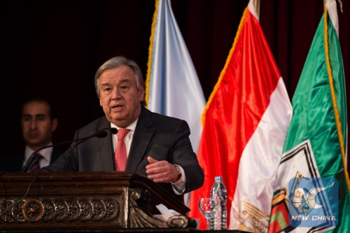UN Secretary-General Antonio Guterres (front) gives a lecture entitled Facing Global Challenges: Finding Hope in Youth at Cairo University in Cairo, Egypt, on Feb. 15, 2017. (Xinhua/Meng Tao) UN Secretary-General Antonio Guterres (front) gives a lecture entitled Facing Global Challenges: Finding Hope in Youth at Cairo University in Cairo, Egypt, on Feb. 15, 2017. (Xinhua/Meng Tao)