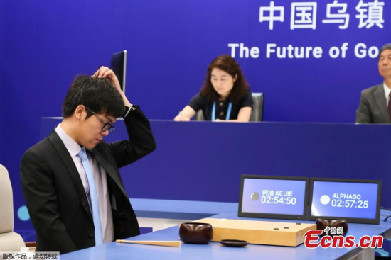 Chinese Go player Ke Jie puts a stone against Google's artificial intelligence program AlphaGo during their first game of the three-game match at the Future of Go Summit in Wuzhen, east China's Zhejiang province, May 23, 2017. (Photo/Agencies) Chinese Go player Ke Jie puts a stone against Google's artificial intelligence program AlphaGo during their first game of the three-game match at the Future of Go Summit in Wuzhen, east China's Zhejiang province, May 23, 2017. (Photo/Agencies)