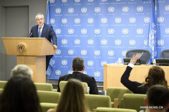 Stephane Dujarric, spokesperson for UN Secretary-General, takes questions from journalists at the UN headquarters in New York, on June 1, 2017. (Xinhua/UN Photo/Manuel Elias) Stephane Dujarric, spokesperson for UN Secretary-General, takes questions from journalists at the UN headquarters in New York, on June 1, 2017. (Xinhua/UN Photo/Manuel Elias)