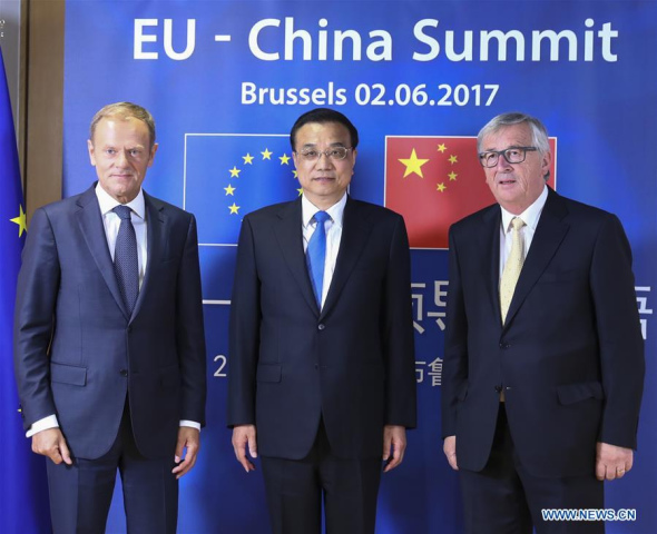 Chinese Premier Li Keqiang (C), European Council President Donald Tusk (L) and European Commission President Jean-Claude Juncker co-chair the 19th China-EU leaders' meeting in Brussels, Belgium, June 2, 2017. (Xinhua/Xie Huanchi) Chinese Premier Li Keqiang (C), European Council President Donald Tusk (L) and European Commission President Jean-Claude Juncker co-chair the 19th China-EU leaders' meeting in Brussels, Belgium, June 2, 2017. (Xinhua/Xie Huanchi)