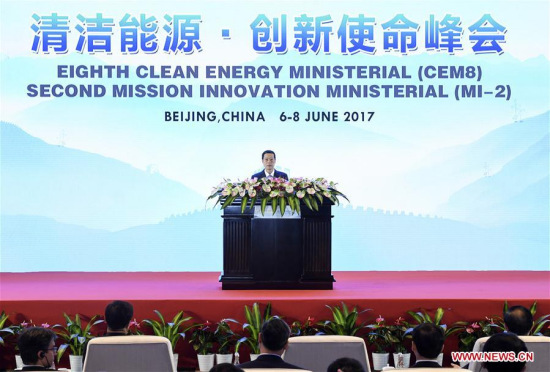 Chinese Vice Premier Zhang Gaoli delivers a speech at the opening of the Eighth Clean Energy Ministerial and the Second Mission Innovation Ministerial in Beijing, capital of China, June 7, 2017. (Xinhua/Zhang Ling) Chinese Vice Premier Zhang Gaoli delivers a speech at the opening of the Eighth Clean Energy Ministerial and the Second Mission Innovation Ministerial in Beijing, capital of China, June 7, 2017. (Xinhua/Zhang Ling)