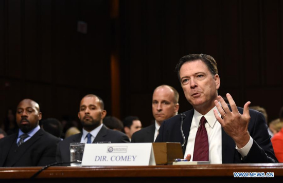 Former Director of Federal Bureau of Investigations James Comey speaks during a Senate Intelligence Committee hearing on Capitol Hill, in Washington D.C., the United States, on June 8, 2017. (Xinhua/Yin Bogu) Former Director of Federal Bureau of Investigations James Comey speaks during a Senate Intelligence Committee hearing on Capitol Hill, in Washington D.C., the United States, on June 8, 2017. (Xinhua/Yin Bogu)