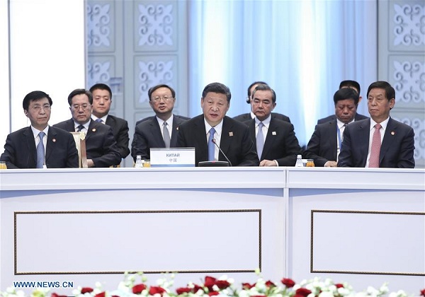Chinese President Xi Jinping (C) addresses the 17th meeting of Council of Heads of States of the Shanghai Cooperation Organization (SCO) in Astana, Kazakhstan, June 9, 2017. (Xinhua/Pang Xinglei) Chinese President Xi Jinping (C) addresses the 17th meeting of Council of Heads of States of the Shanghai Cooperation Organization (SCO) in Astana, Kazakhstan, June 9, 2017. (Xinhua/Pang Xinglei)