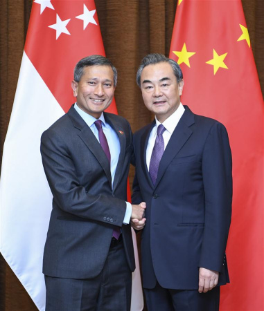 Chinese Foreign Minister Wang Yi (R) holds talks with his Singaporean counterpart Vivian Balakrishnan in Beijing, capital of China, June 12, 2017. (Xinhua/Zhang Ling) Chinese Foreign Minister Wang Yi (R) holds talks with his Singaporean counterpart Vivian Balakrishnan in Beijing, capital of China, June 12, 2017. (Xinhua/Zhang Ling)