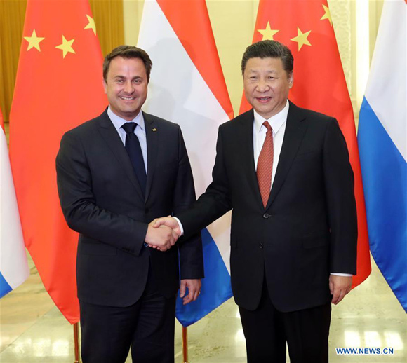 Chinese President Xi Jinping (R) meets with Luxembourg Prime Minister Xavier Bettel in Beijing, capital of China, June 14, 2017. (Xinhua/Liu Weibing) Chinese President Xi Jinping (R) meets with Luxembourg Prime Minister Xavier Bettel in Beijing, capital of China, June 14, 2017. (Xinhua/Liu Weibing)