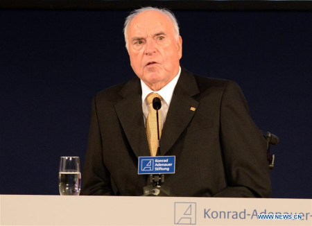 File photo taken Sept. 27, 2012 shows former German Chancellor Helmut Kohl speaks at an event marking his 30th anniversary of coming to power in Berlin, Germany. Former German Chancellor Helmut Kohl died at his home in Germany's Ludwigshafen on June 16, 2017 at the age of 87, according to German local media Focus Online. (Xinhua/Ma Ning) File photo taken Sept. 27, 2012 shows former German Chancellor Helmut Kohl speaks at an event marking his 30th anniversary of coming to power in Berlin, Germany. Former German Chancellor Helmut Kohl died at his home in Germany's Ludwigshafen on June 16, 2017 at the age of 87, according to German local media Focus Online. (Xinhua/Ma Ning)