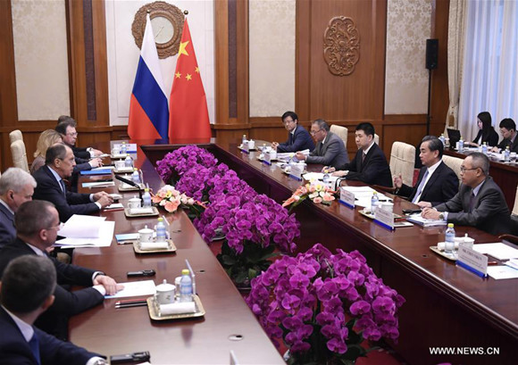 Chinese Foreign Minister Wang Yi (2nd R) meets with Russian Foreign Minister Sergey Lavrov in Beijing, capital of China, June 18, 2017. (Xinhua/Yan Yan) Chinese Foreign Minister Wang Yi (2nd R) meets with Russian Foreign Minister Sergey Lavrov in Beijing, capital of China, June 18, 2017. (Xinhua/Yan Yan)