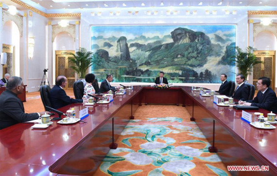 Chinese President Xi Jinping (4th R) meets with the heads of delegations from Brazil, Russia, India and South Africa who are in Beijing to attend the BRICS foreign ministers' meeting in Beijing, capital of China, June 19, 2017. (Xinhua/Rao Aimin) Chinese President Xi Jinping (4th R) meets with the heads of delegations from Brazil, Russia, India and South Africa who are in Beijing to attend the BRICS foreign ministers' meeting in Beijing, capital of China, June 19, 2017. (Xinhua/Rao Aimin)