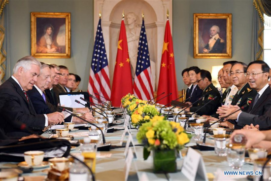 Chinese State Councilor Yang Jiechi (1st R) co-chairs a diplomatic and security dialogue with U.S. Secretary of State Rex Tillerson (1st L) and Secretary of Defense James Mattis (2nd L) as Fang Fenghui (2nd R), a member of China's Central Military Commission (CMC) and chief of the CMC Joint Staff Department, also participates in the dialogue in Washington D.C., the United States, on June 21, 2017. Chinese State Councilor Yang Jiechi (1st R) co-chairs a diplomatic and security dialogue with U.S. Secretary of State Rex Tillerson (1st L) and Secretary of Defense James Mattis (2nd L) as Fang Fenghui (2nd R), a member of China's Central Military Commission (CMC) and chief of the CMC Joint Staff Department, also participates in the dialogue in Washington D.C., the United States, on June 21, 2017.