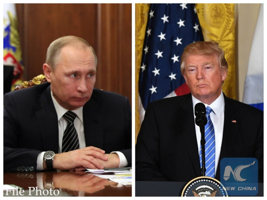 Combination of file photos show Russian President Vladimir Putin (L) at the Kremlin in Moscow, Russia, Dec. 29, 2016 and U.S. President DonaldTrump at a press conference at the White House in Washington D.C., the United States, on Feb. 15, 2017. (Xinhua) Combination of file photos show Russian President Vladimir Putin (L) at the Kremlin in Moscow, Russia, Dec. 29, 2016 and U.S. President DonaldTrump at a press conference at the White House in Washington D.C., the United States, on Feb. 15, 2017. (Xinhua)