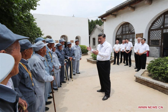 Chinese President Xi Jinping (R front) talks with veterans at the former site of a military region command in Xing County, north China's Shanxi Province, June 21, 2017. Xi had an inspection tour in Shanxi Wednesday. (Xinhua/Pang Xinglei) Chinese President Xi Jinping (R front) talks with veterans at the former site of a military region command in Xing County, north China's Shanxi Province, June 21, 2017. Xi had an inspection tour in Shanxi Wednesday. (Xinhua/Pang Xinglei)